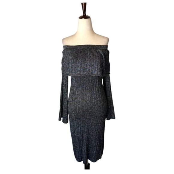 Keepsake Dress Women Small Gray Off The Shoulder Metallic Reflections Sheath - Picture 2 of 10
